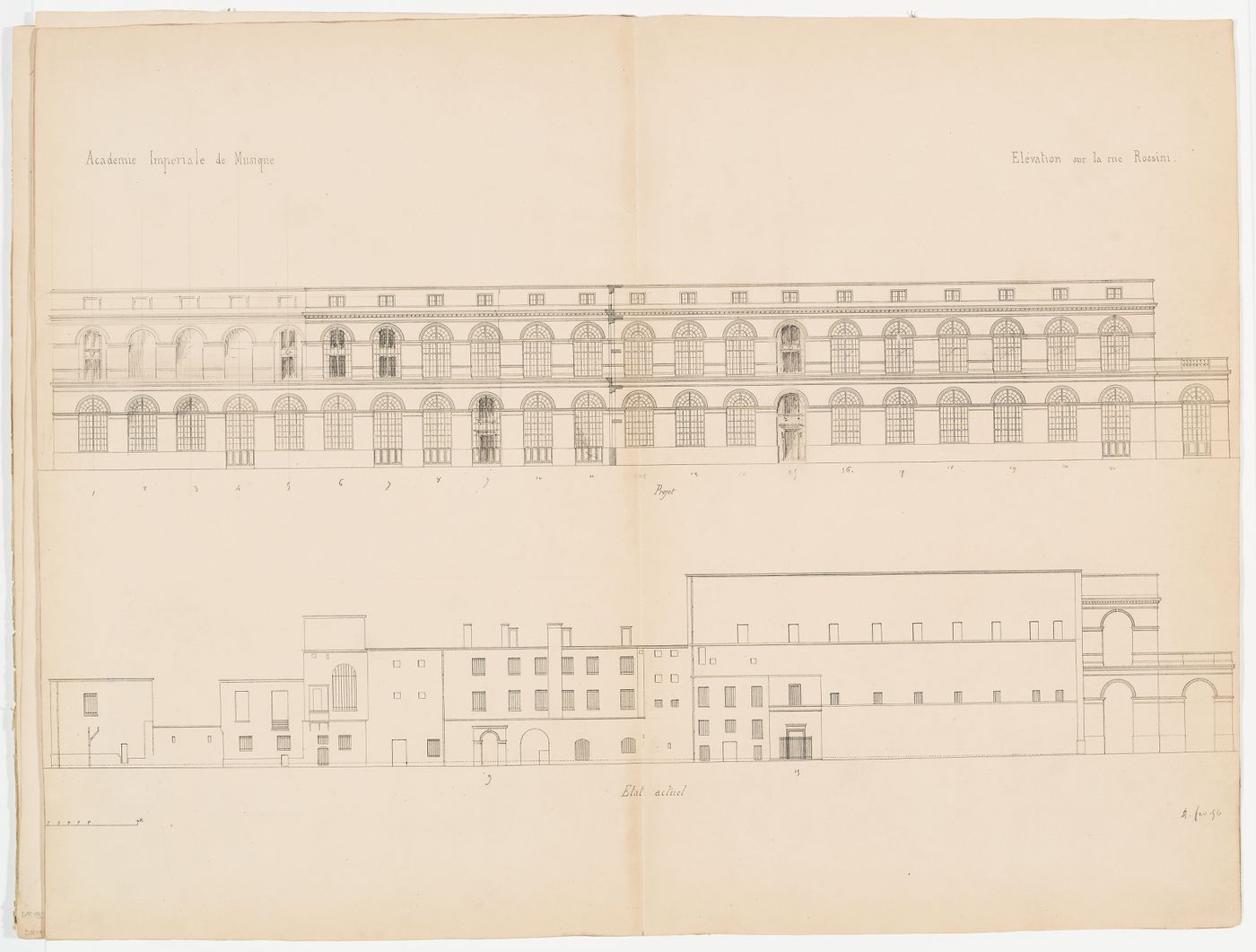 Side elevations of Salle Le Peletier, one with additions for alterations