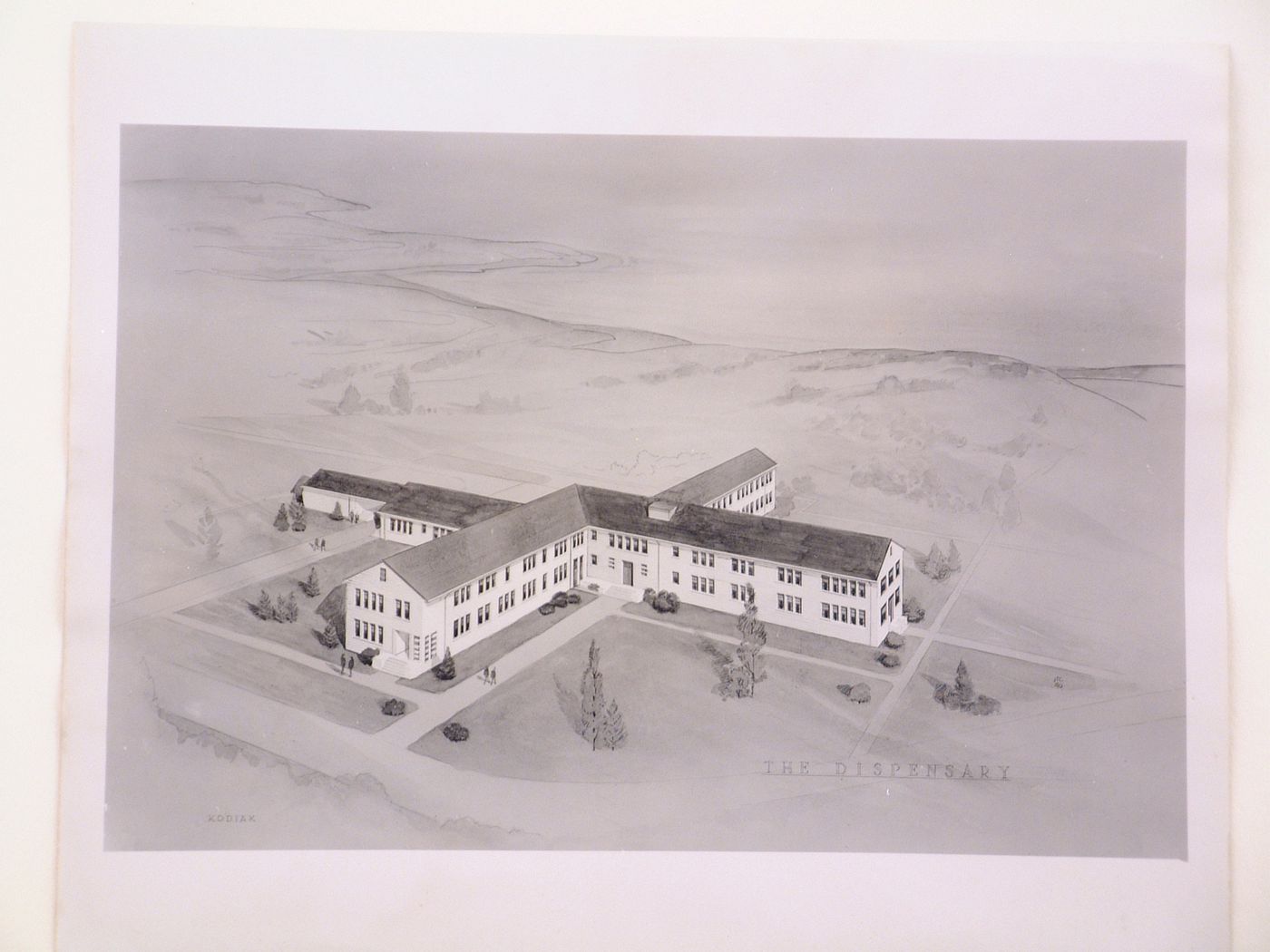 Photograph of an bird's-eye perspective drawing for or of the Dispensary, United States Naval Air Base, Kodiak, Alaska