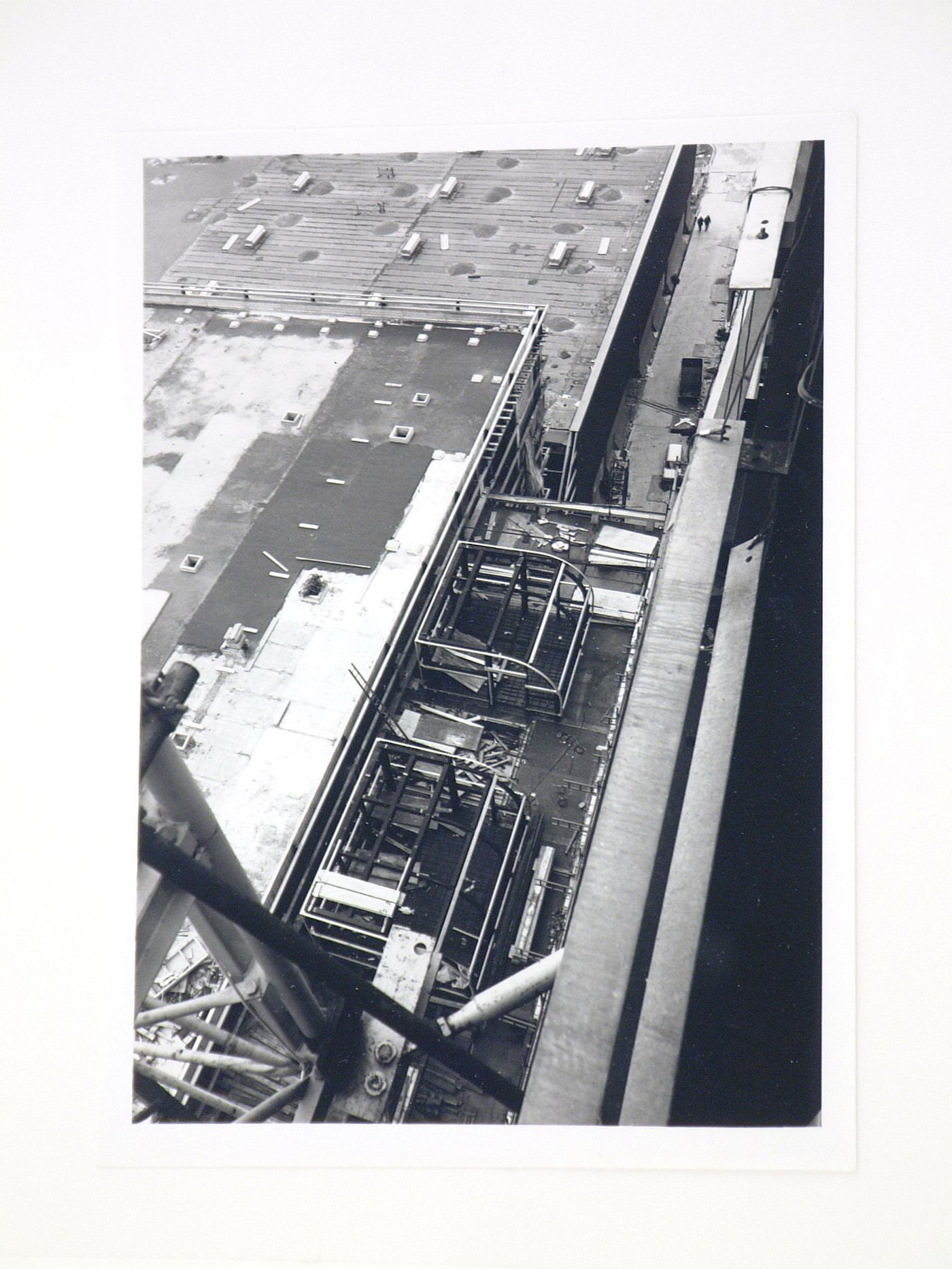 View of installation of roof panels for power station, from above, United Kingdom