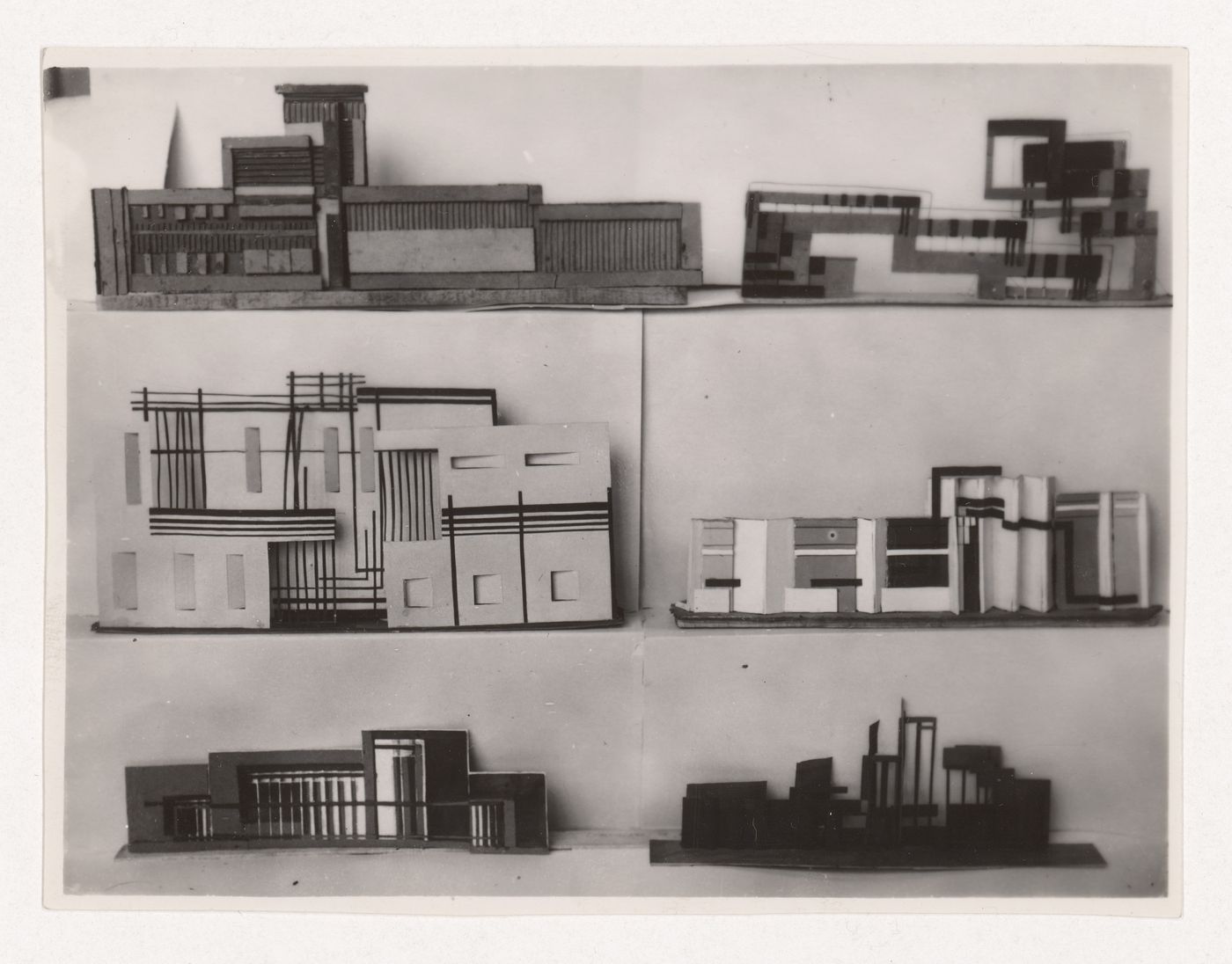 Photograph of student models on the topic "Construction of Frontal Surface Based on Vertical, Horizontal and Inclined Combination of Two or More Rhythmical Rows" for the "Space" course at the Vkhutemas and the Vkhutein, Moscow