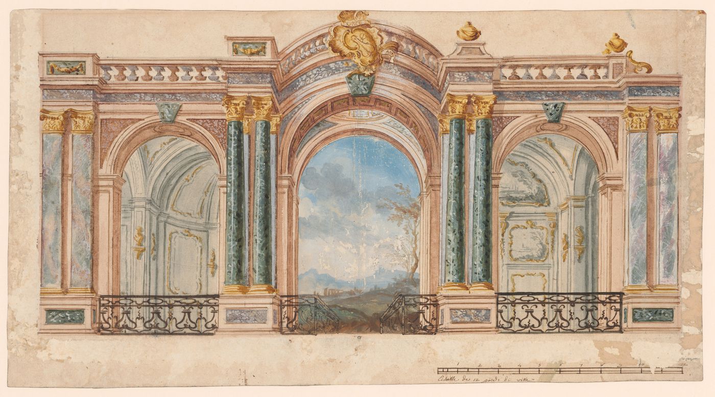 Presentation drawing for a stage set with a central trompe-l'oeil landscape