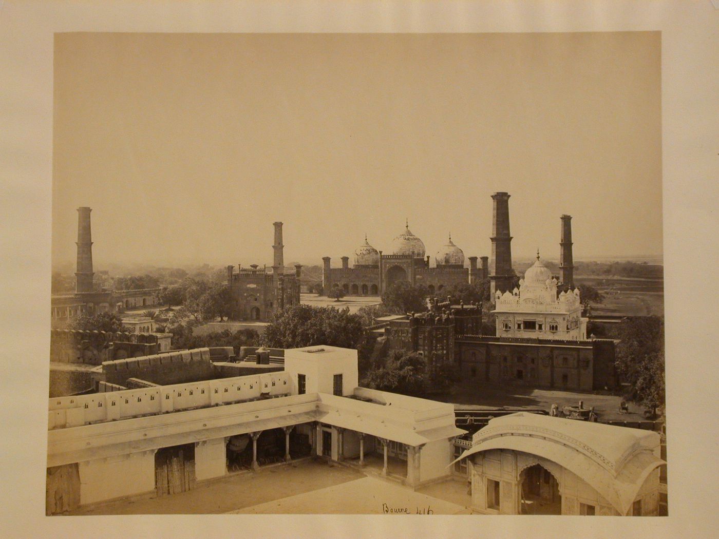 View of palace buildings with Badshahi Masjid in the background, Lahore Fort, Lahore, India (now in Pakistan)