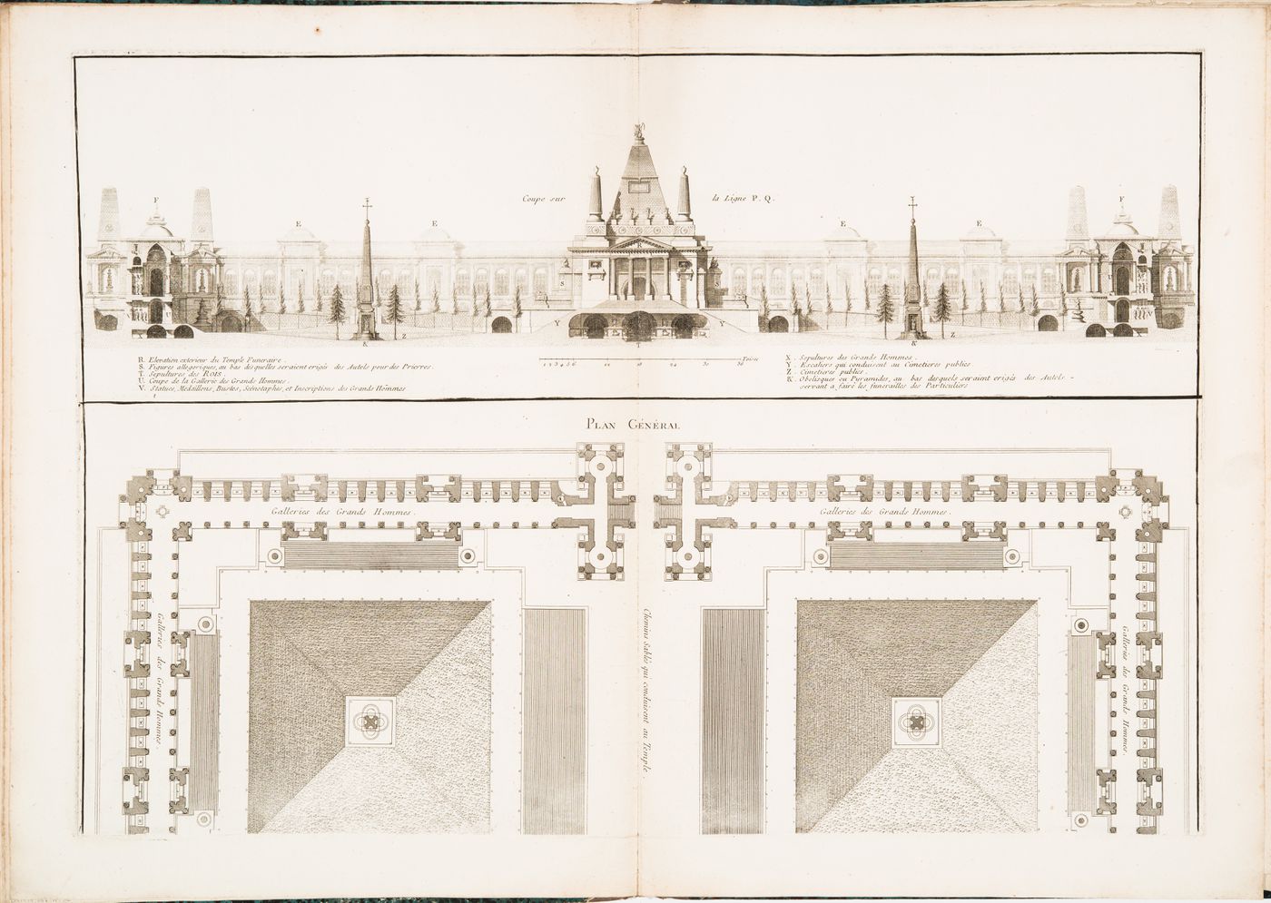 Design by Louis Jean Desprez for a funerary temple in honour of "les cendres des rois et les grands hommes": Sectional elevation and partial plan