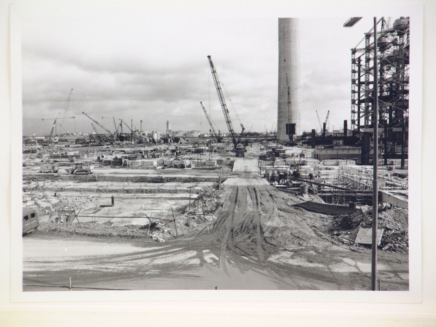 View of cranes used for construction of power station, United Kingdom