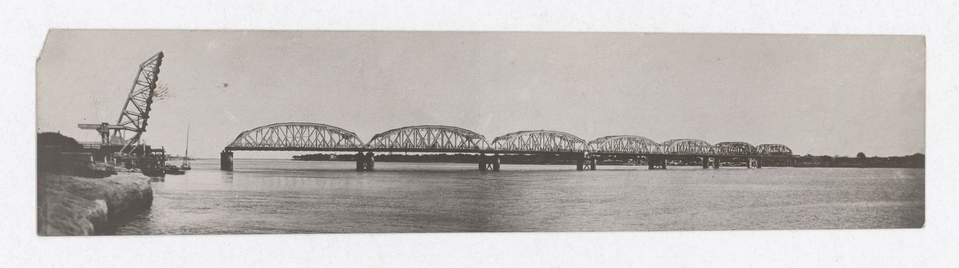 Landscape view of the Blue Nile Road and Railway Bridge with drawbridge raised, Khartoum, Sudan