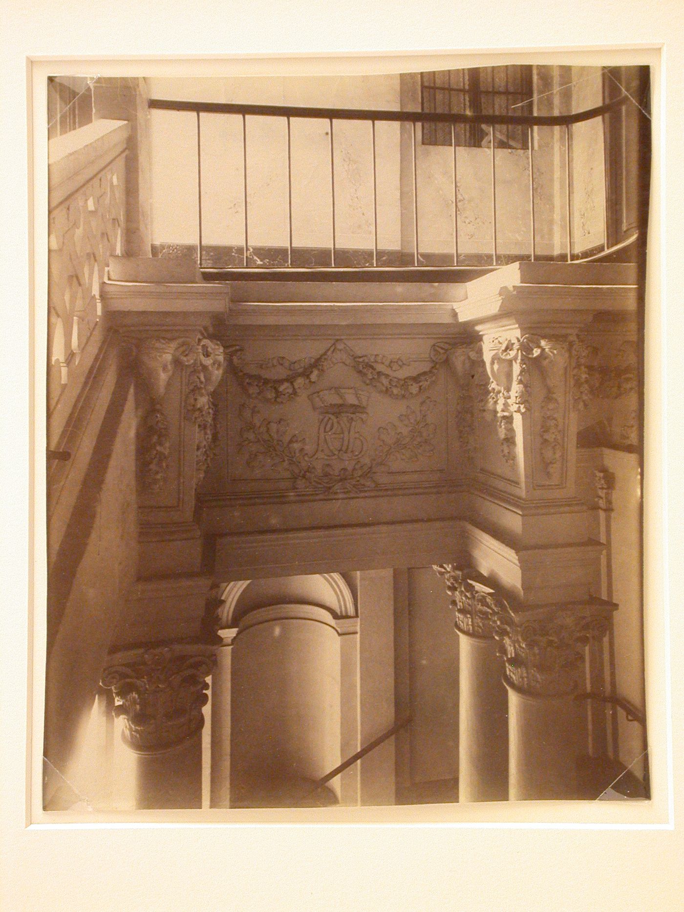 Hôtel de Beauvais: View of second floor with railing looking down to entrance hall below, Paris, France