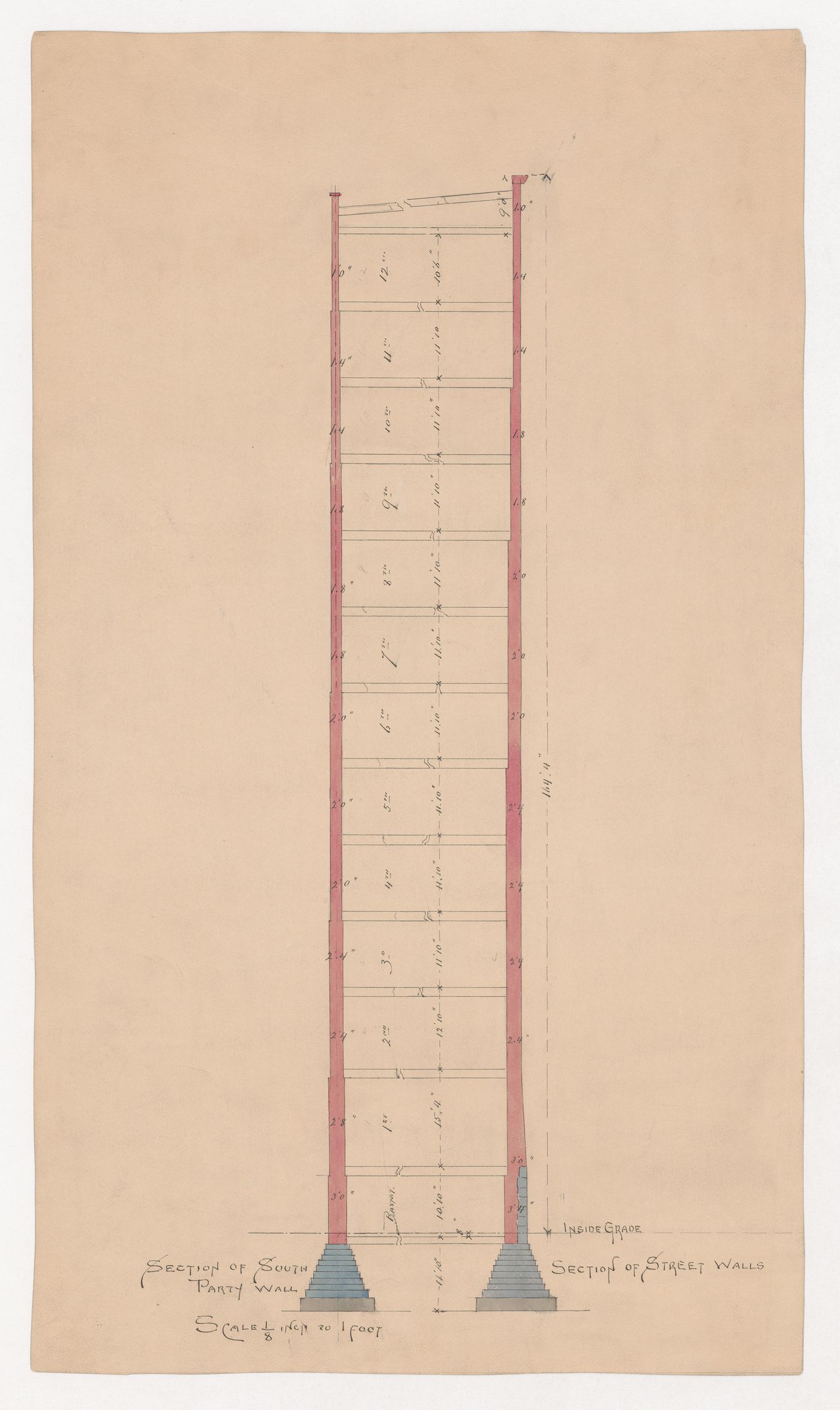 Office building, Chicago: Sections through the south party wall and exterior walls; verso: Sketch elevation for the gable or roof for an unidentified building, possibly an early design for the Monadnock Building