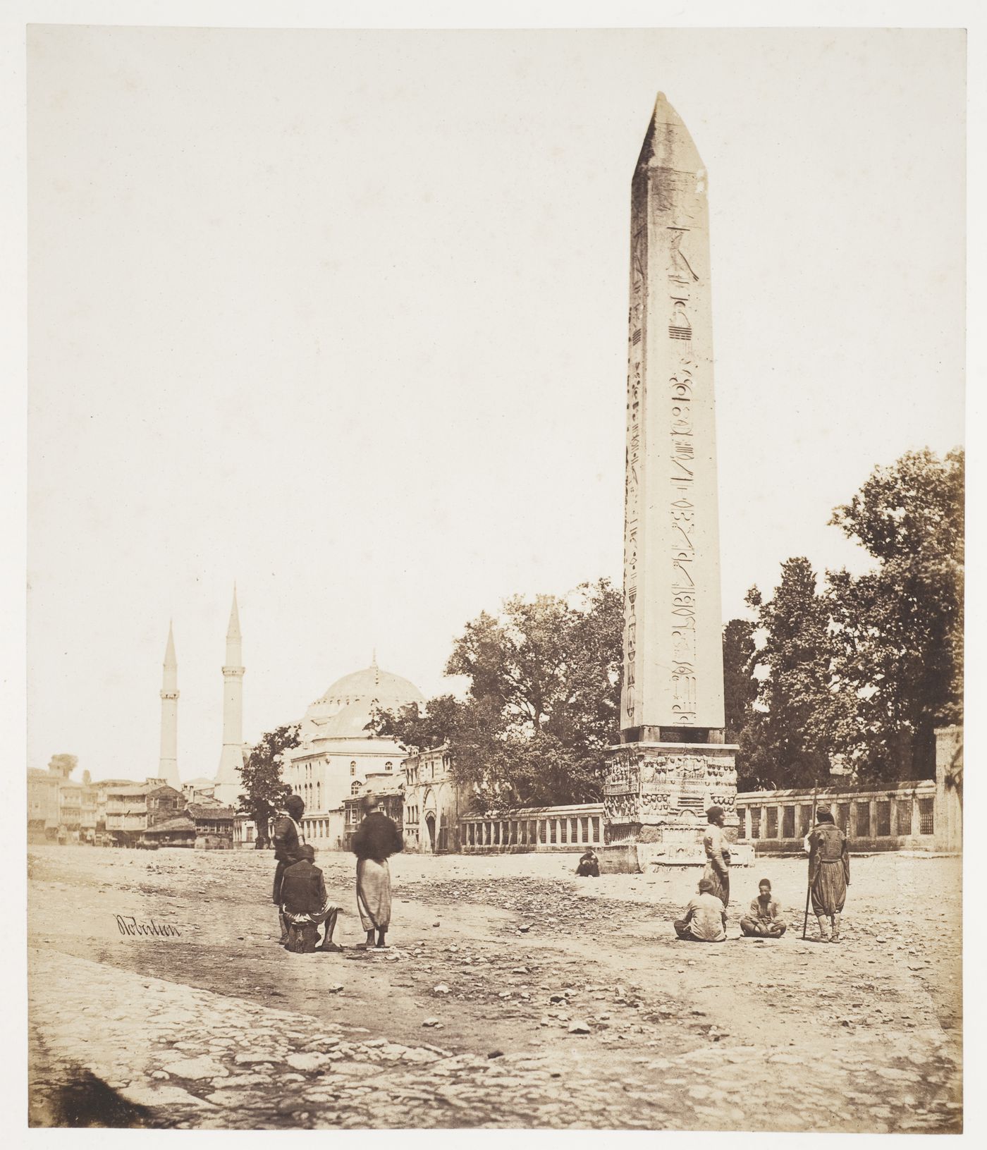 View of the Obelisk of Emperor Theodosius I with Hagia Sophia (also now known as Ayasofya Müzesi) in the background, Constantinople (now Istanbul), Ottoman Empire (now in Turkey)