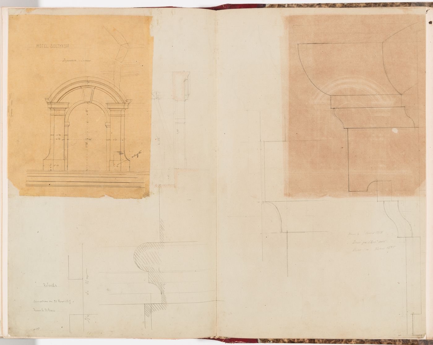 Elevation, wall section and full-scale details for the moulding for the dormer windows for the outbuilding, Hôtel Soltykoff