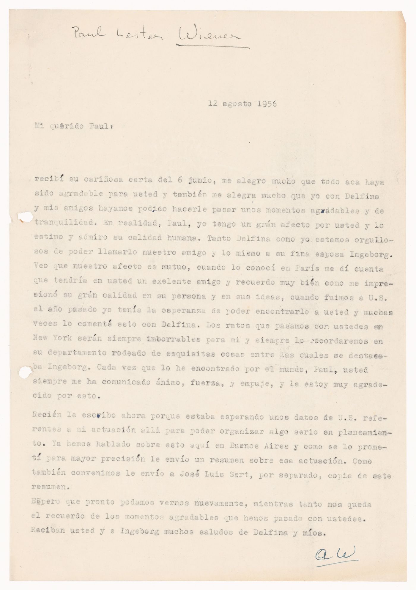 Correspondence, letter to Paul Leister Weiner from Amancio Williams