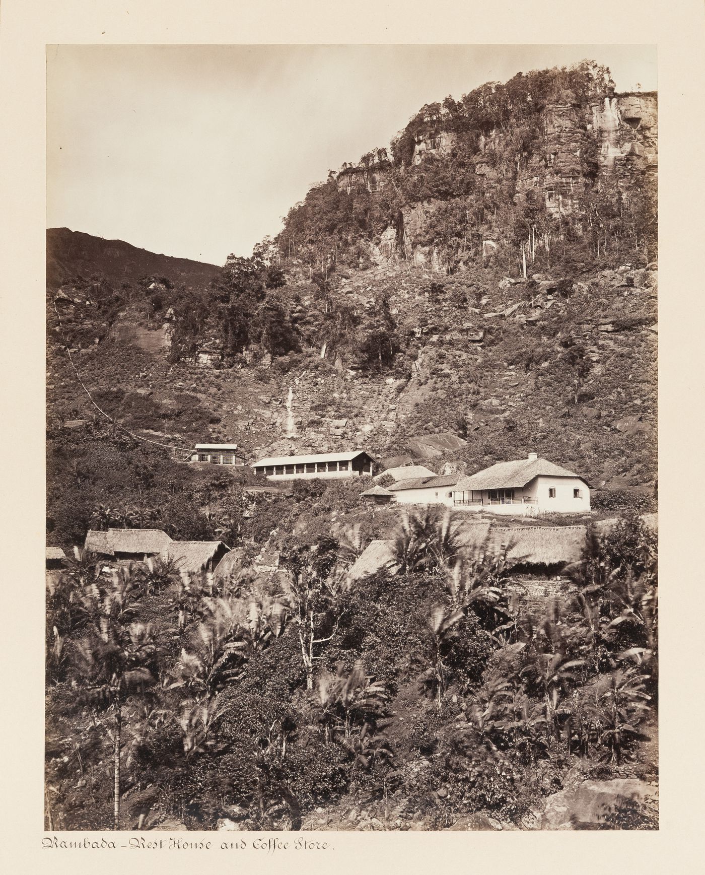 View of a rest house and coffee store on a mountain, Ramboda, Ceylon (now Sri Lanka)