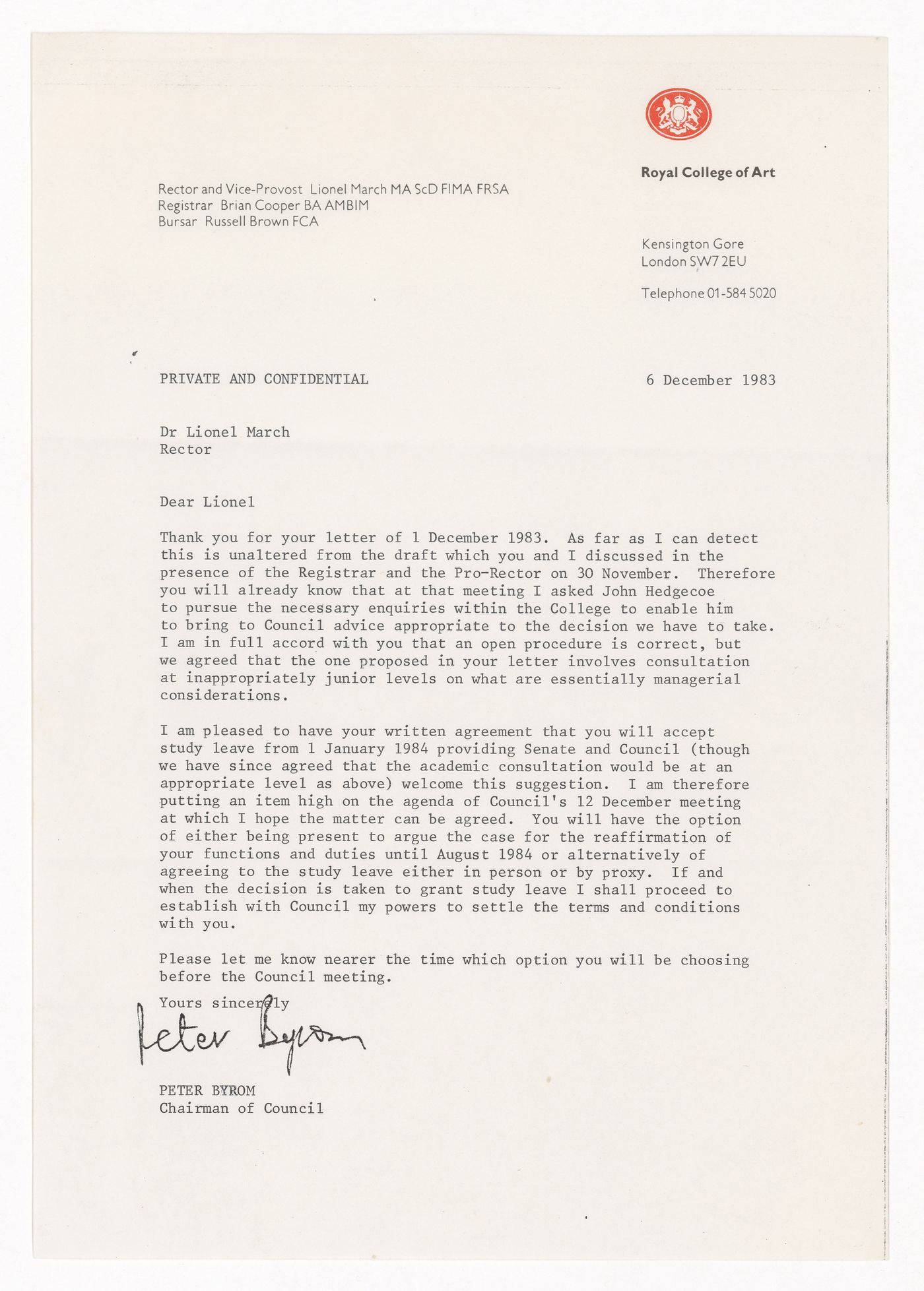 Letter from Peter Byrom to Lionel March regarding resignation from Royal College of Art, London