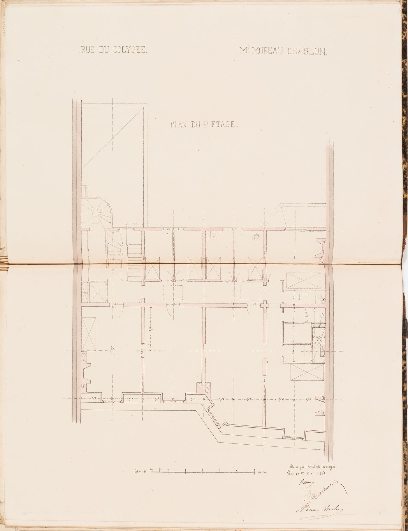 Contract drawing for a house for Monsieur Moreau Chaslon, rue du Colysée, Paris: Plan for the "3e étage"