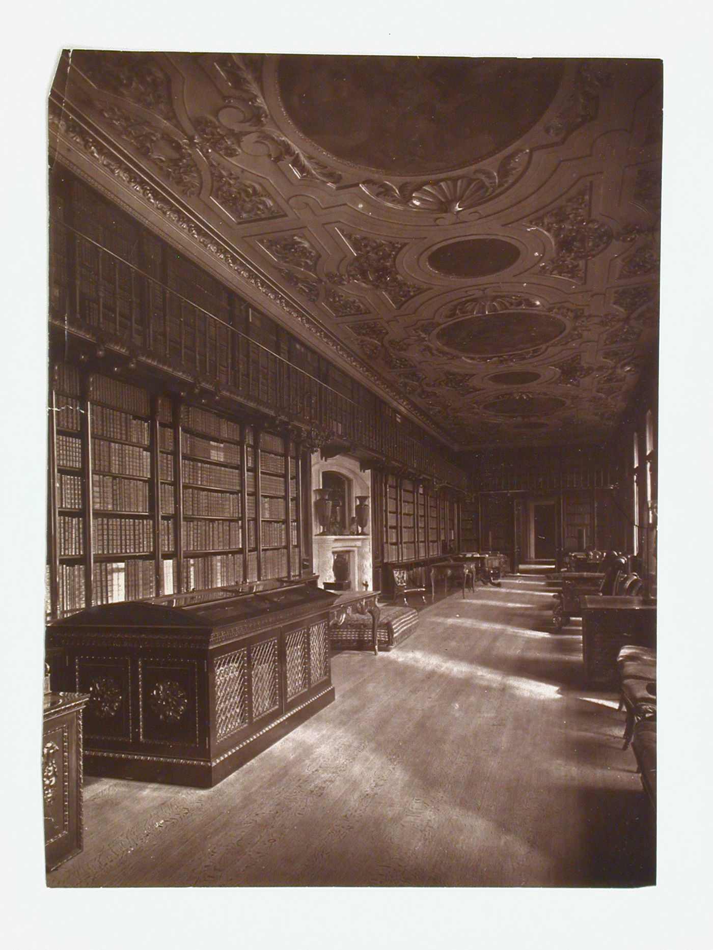 Interior view of the library at Chatsworth House, Derbyshire, England