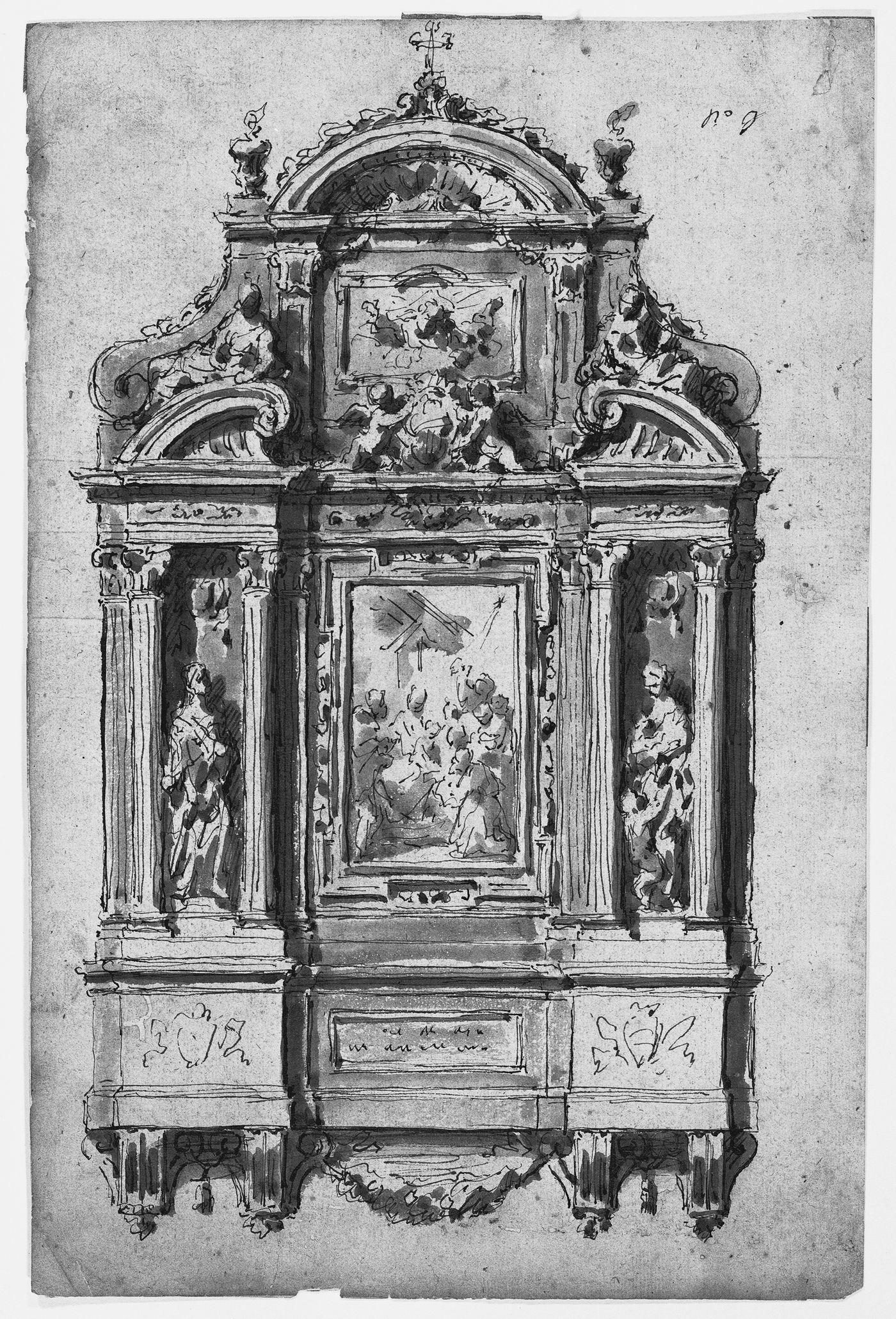 Sketch of an altarpiece with sculpted figures of Charity and Faith flanking an image of the Adoration of the Shepherds, a panel above with a representation of God the Father, and two putti holding a coat of arms.