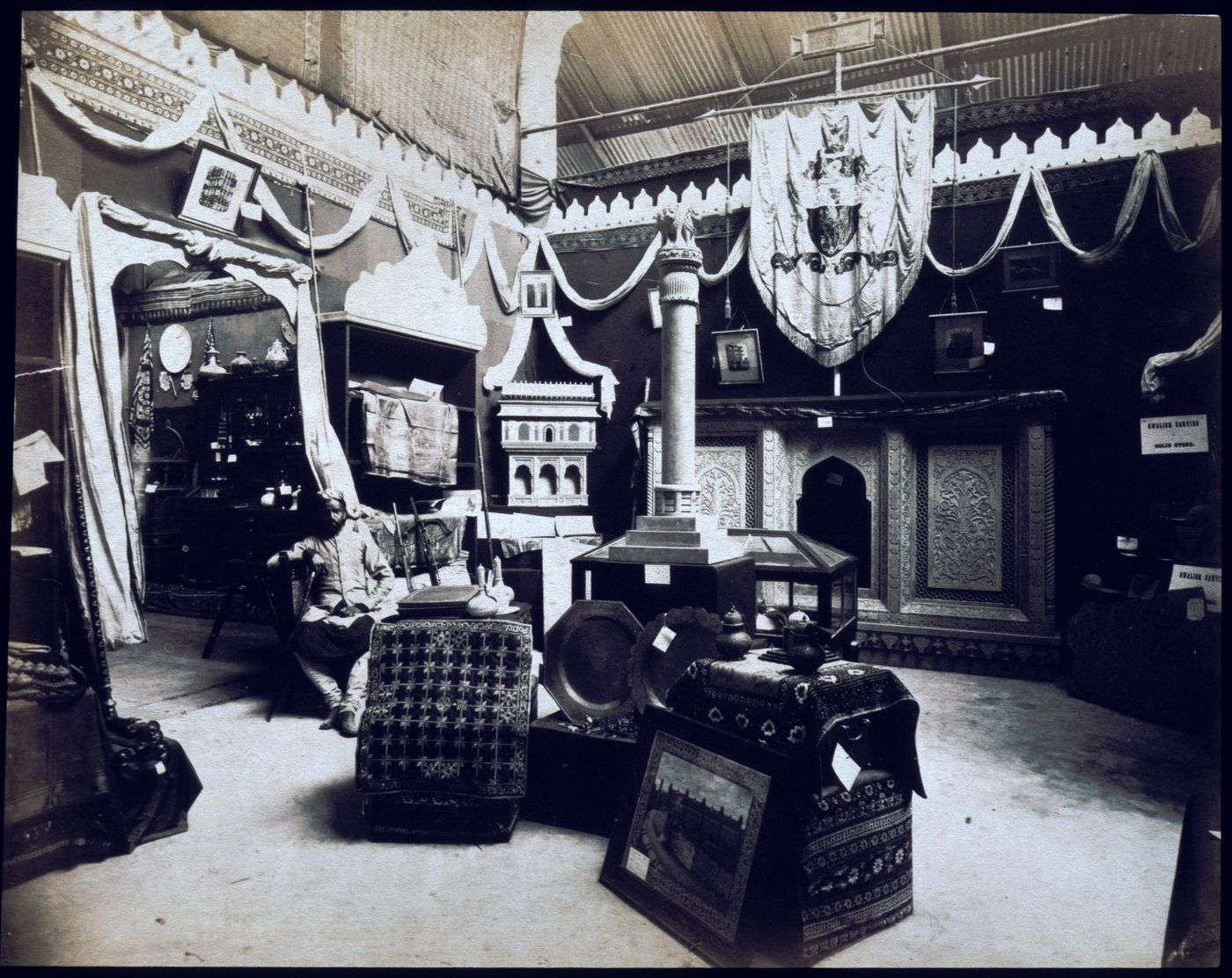 Interior view of a pavilion showing the Central India exhibit, Calcutta International Exhibition of 1883-1884, India