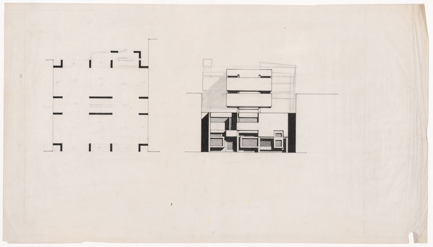 Shops and office plan and elevation for The Shape of Cambridge: A Plan, Cambridge University, England