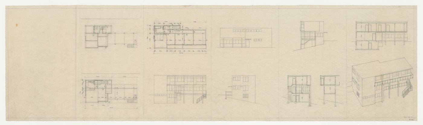 Plans, sections, elevations, and perspective for Villa Palicka showing the second stage of design, Prague, Czechoslovakia (now Czech Republic)