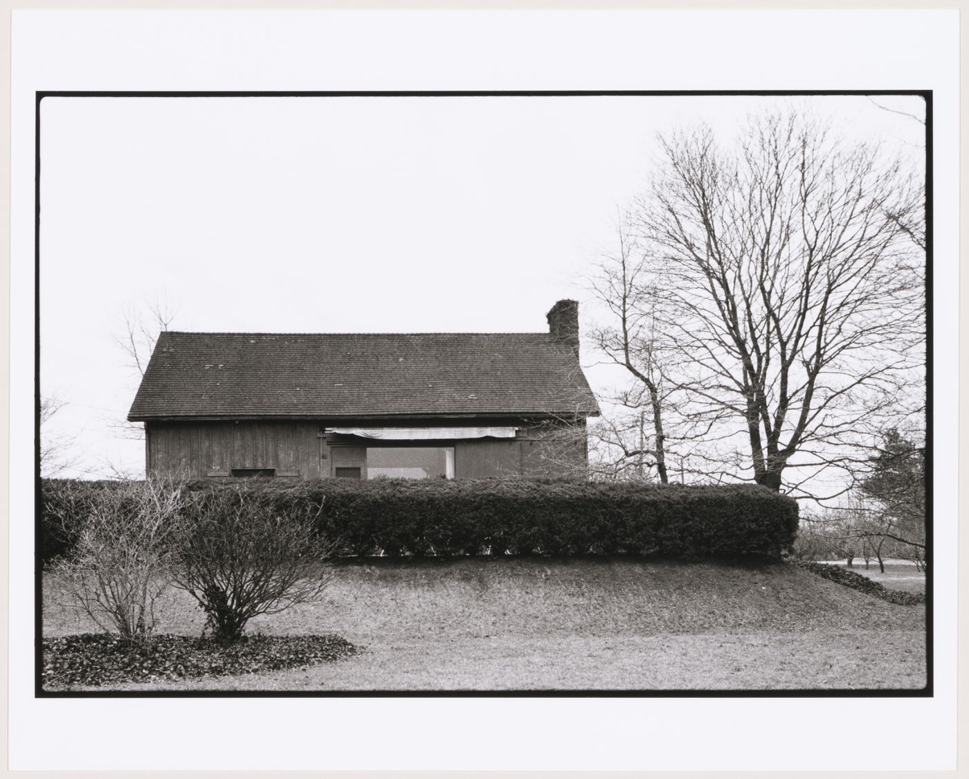 Exterior view of Mary Callery Barn with shrubs, Huntington, Long Island, New York, United States