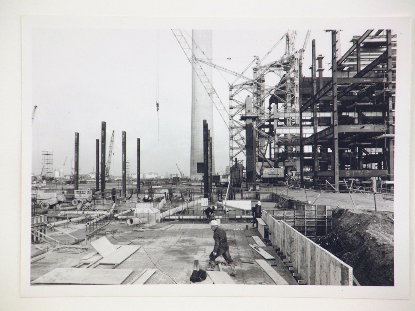 View of cranes and construction of steel structure for power station, United Kingdom