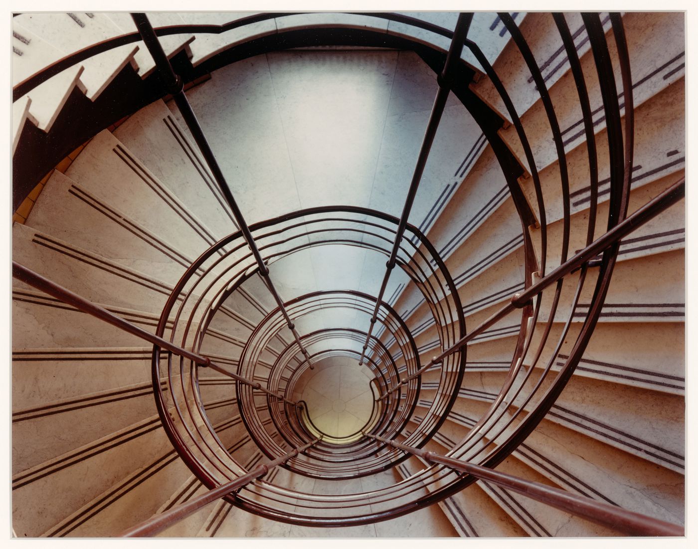 Circular staircase at the corner of the main courtyard, view from above, Université de Montréal, Montréal, Québec