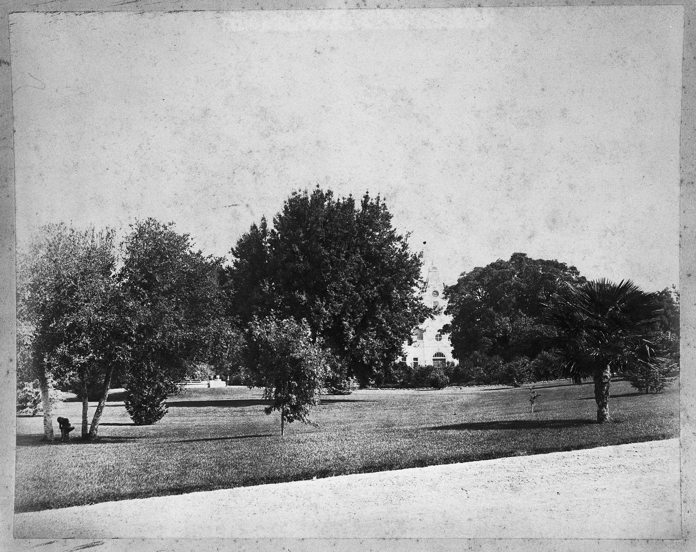 View of the lawn and carriage house from a driveway, Linden Towers, James Clair Flood Estate, Atherton, California