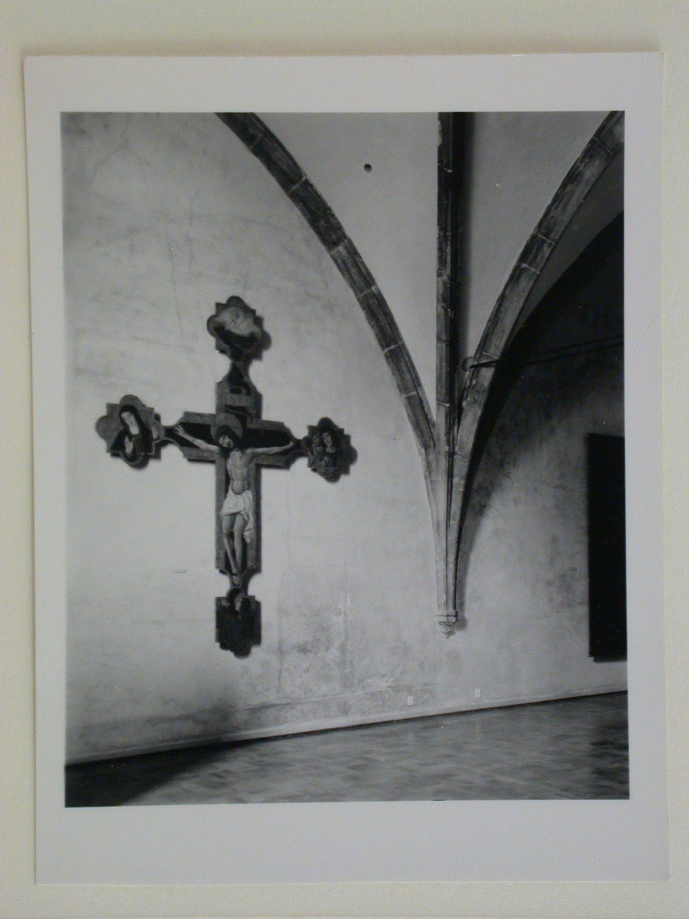 Interior view of a gallery showing a freestanding painted crucifix, Palazzo Abatellis, Galleria regionale della Sicilia, Palermo, Italy