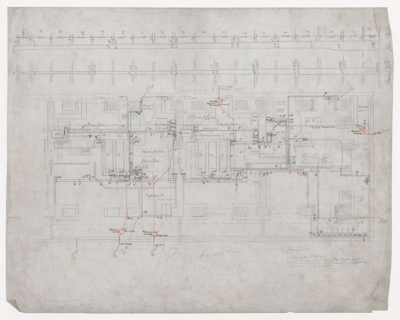 Monadnock Building, Chicago: Basement plan showing the plumbing system with sections for the exterior and division walls