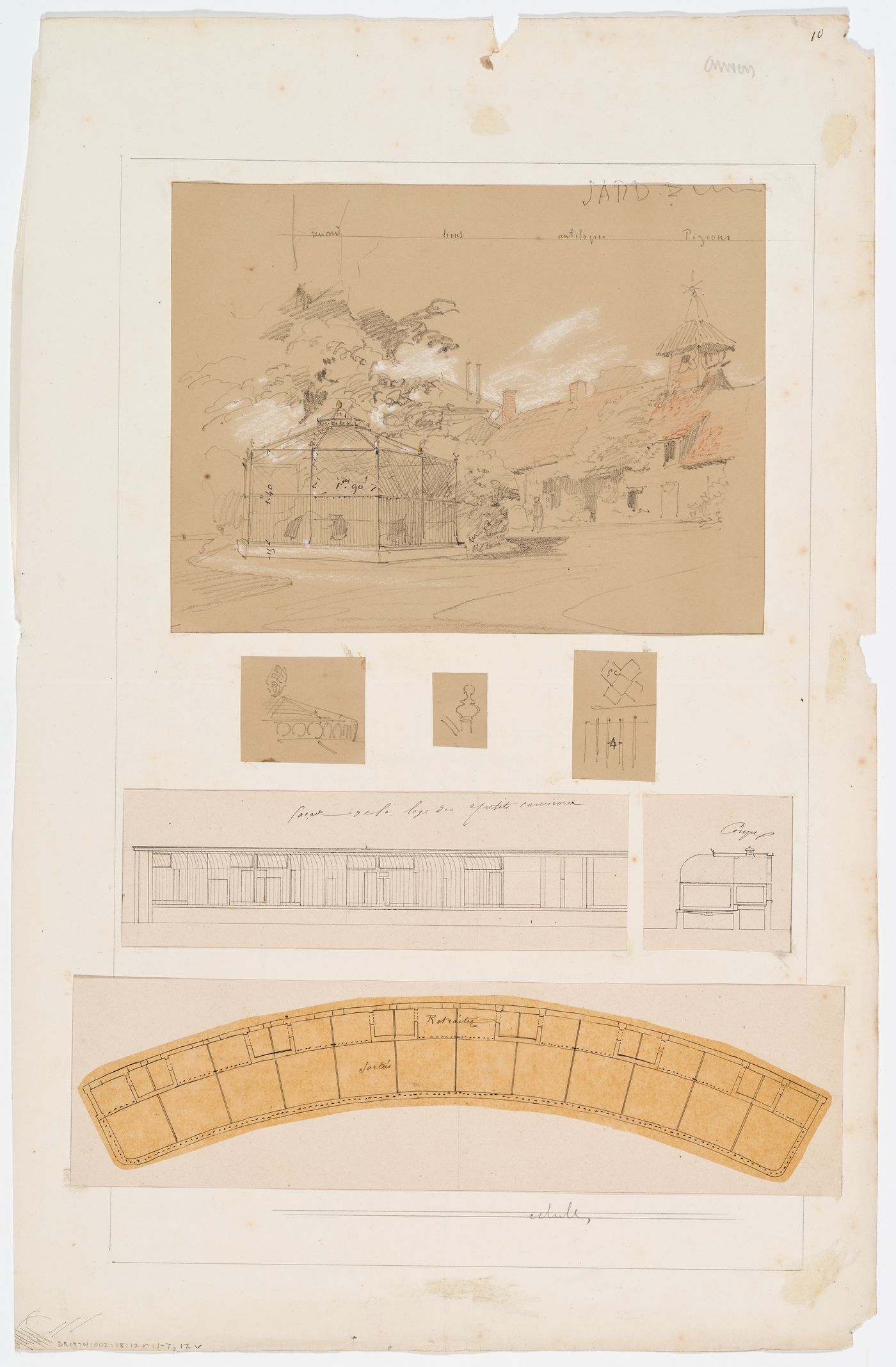 Zoological garden, Antwerp: Elevation, section, and plan of the small carnivores cage and perspective view and details of the garden buildings