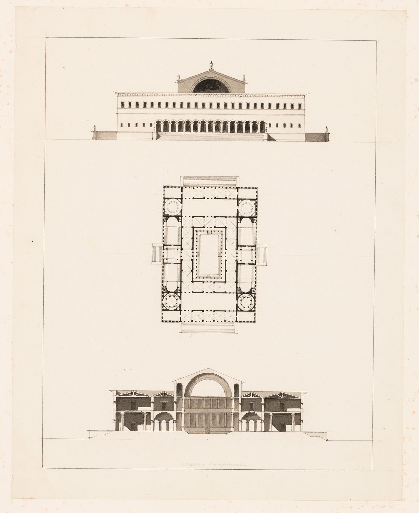 Plan for an exchange; Section and plan for a Christian basilica, perhaps for the Concours d'émulation, February 1801; Elevation and plan for an unidentified building, possibly an exchange; verso: Elevation, plan and section for a maison commune