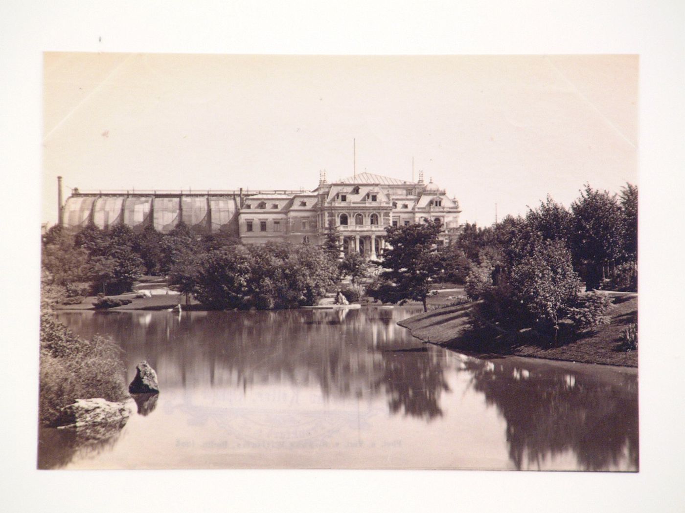 Distant view of Palnen Haus [?] with gardens and a pond in the foreground, Germany