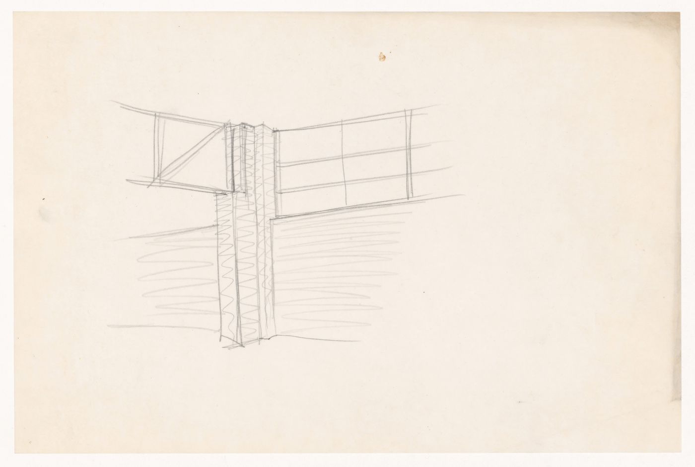 Perspective sketch for corner showing truss, column and wall for the Gymnasium