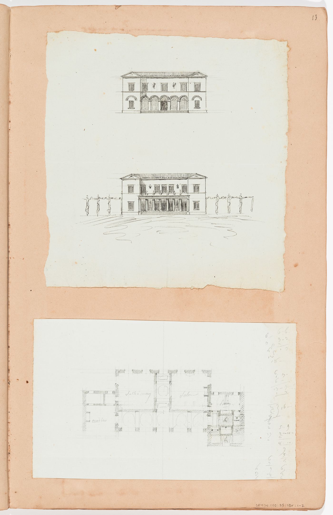 Elevations and ground floor plan for a country house; verso: Sketch plans for a country house(s)