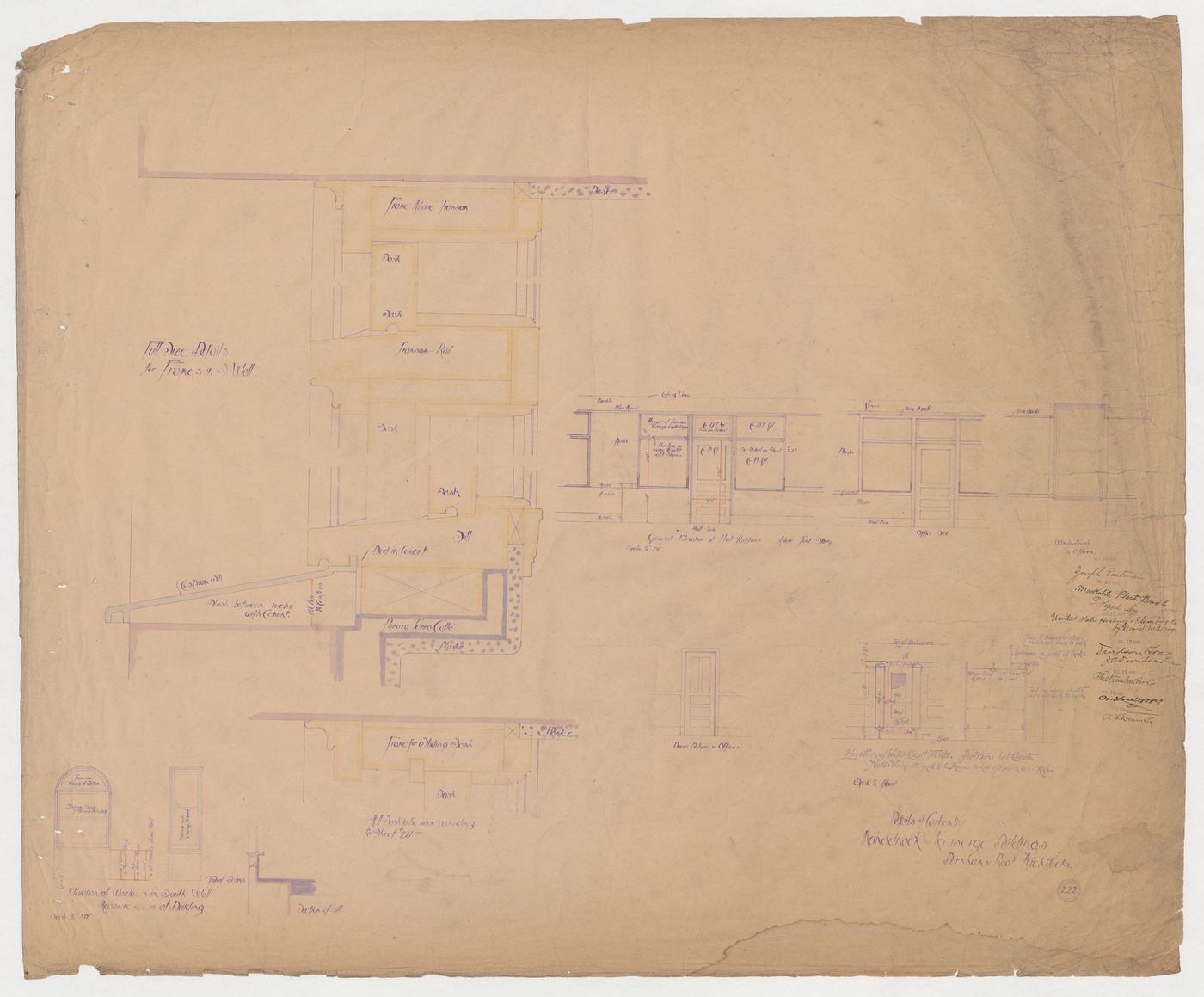 Monadnock and Kearsarge Buildings, Chicago: Elevations and sectional details for windows, interior doors, partitions and toilet compartments