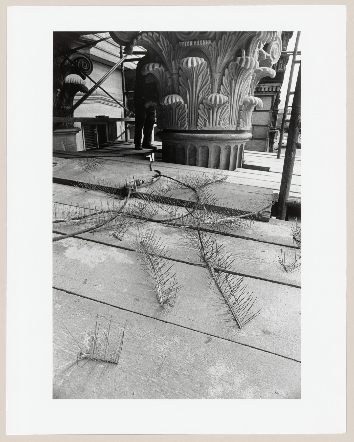 View of pigeon wire guards prior to installation on an aluminum capital during the restoration of the Corinthian capitals of the principal façade of the Head Office of the Bank of Montréal, 119 rue Saint-Jacques, Montréal, Québec
