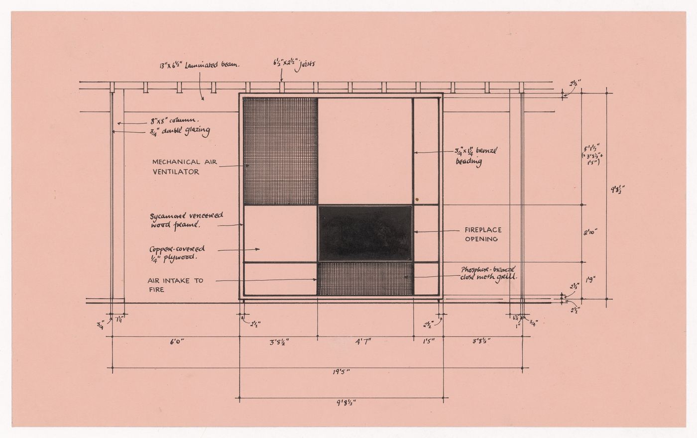 Ventilation and fireplace elevation for The Shape of Cambridge: A Plan, Cambridge University, England