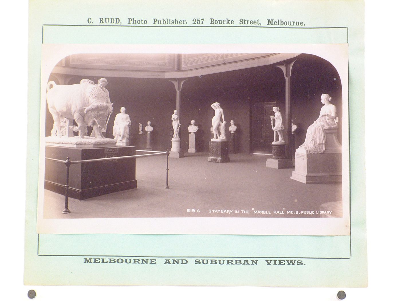 Interior view of statues and busts in the Marble Hall of Melbourne Public Library (now the State Library of Victoria), Australia