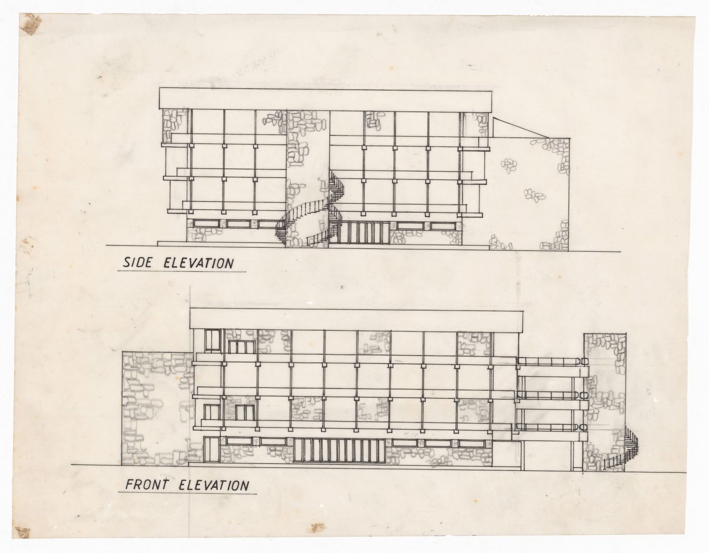 Side and front elevations for Theatre for J&K Academy of Art, Culture and Languages, Jammu, India