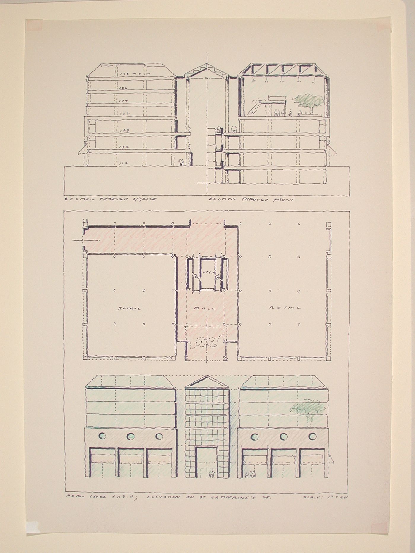 Avenue McGill College, Cadillac Fairview, Montréal - section throughoffice/section through front/elevation on Ste. Catherine's St.