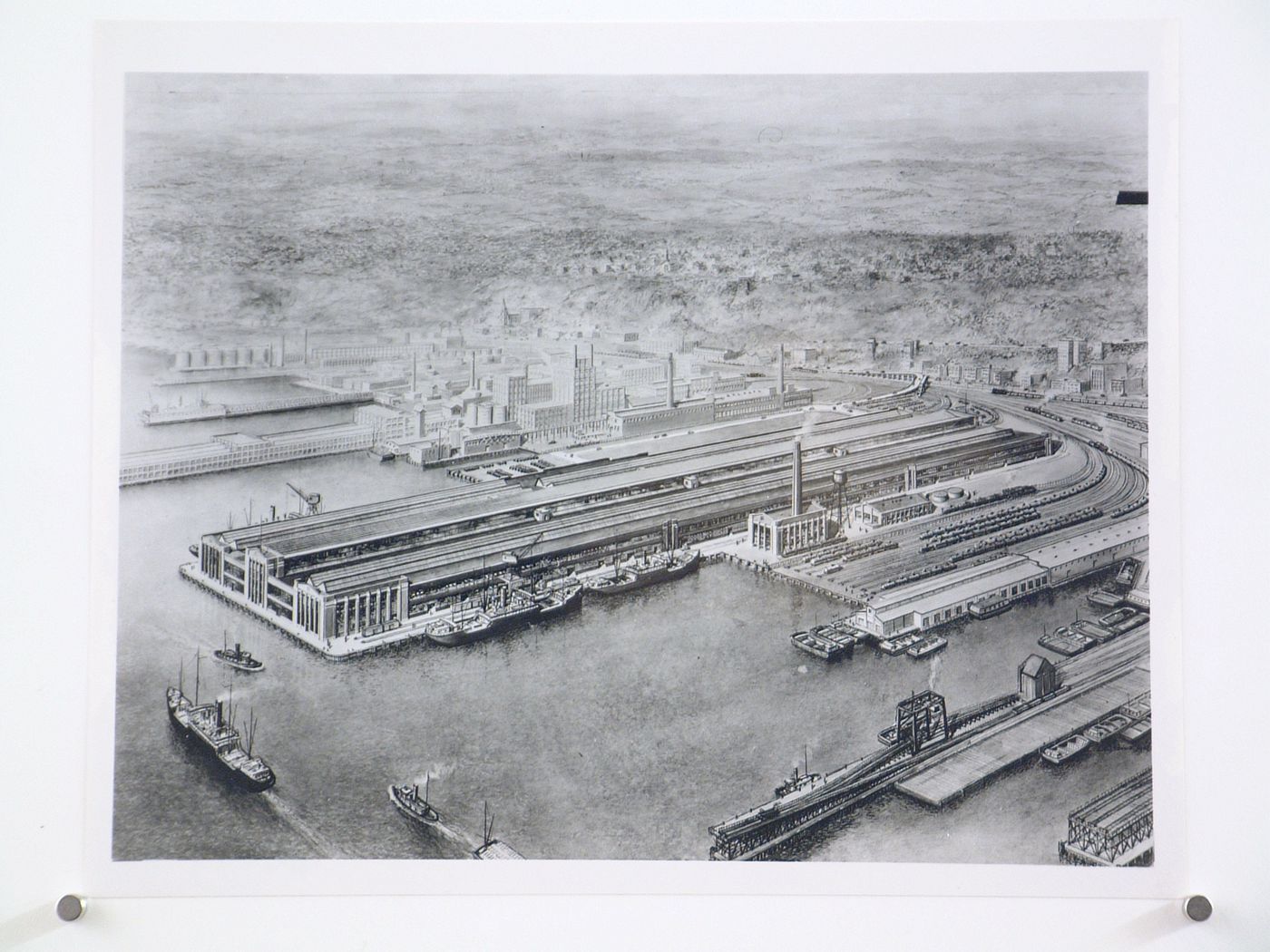 Photograph of a bird's-eye perspective drawing for or of the Automobile Assembly Plant, Ford Motor Company, Edgewater, New Jersey