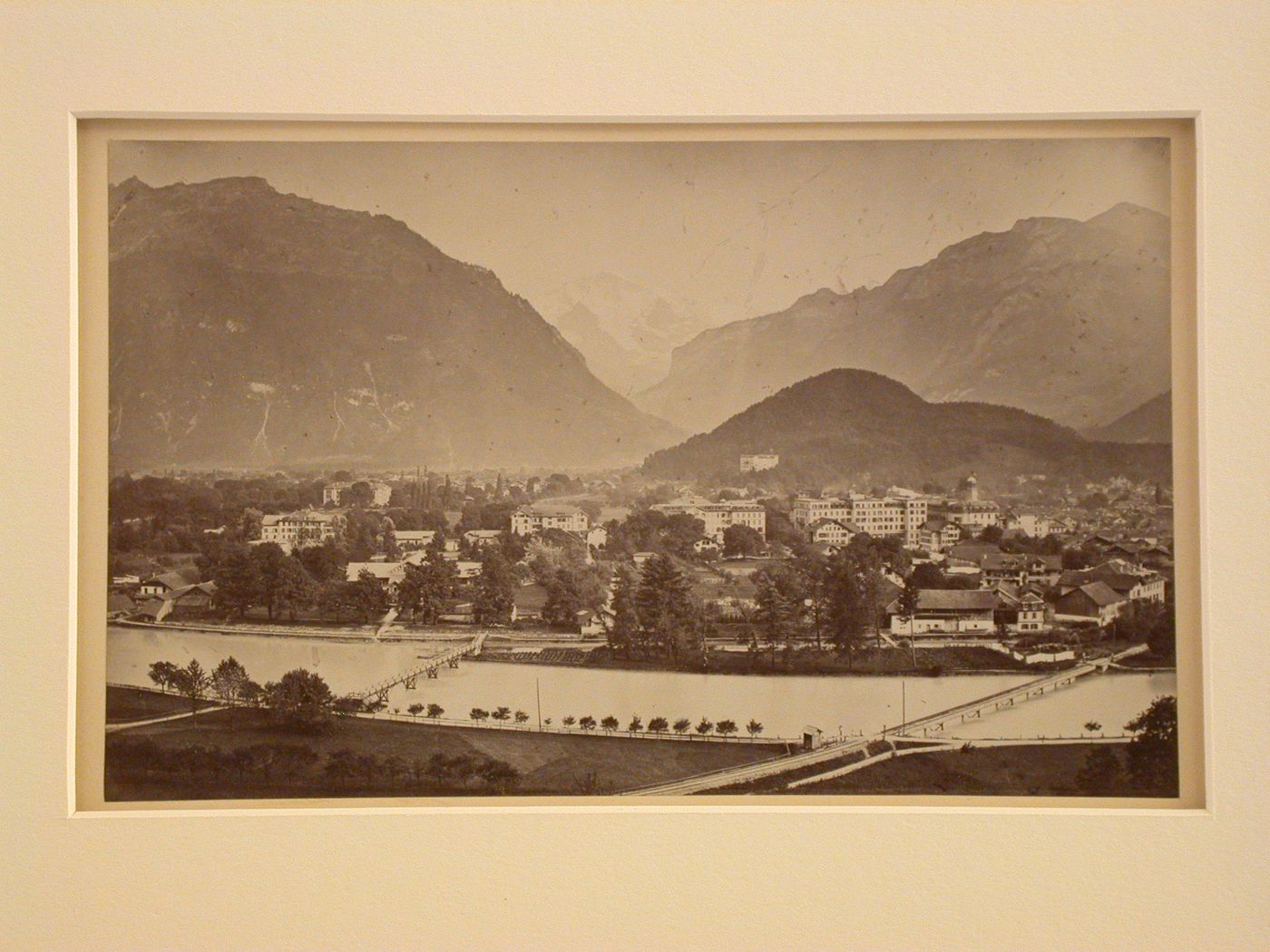 General view of town and valley, from elevated view point, Interlaken, Switzerland