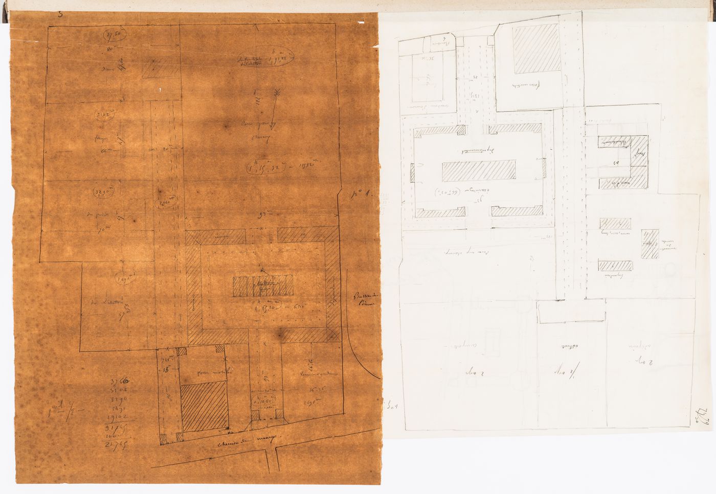 Project for a horse slaughterhouse, La Villette: Site plan; verso: Sketch site plans, probably for a horse slaughterhouse, La Villette