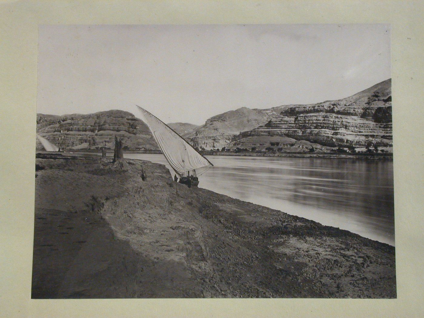 View taken from the west bank, of the east bank and mountains, Jabal Abu Fidah [?], Egypt