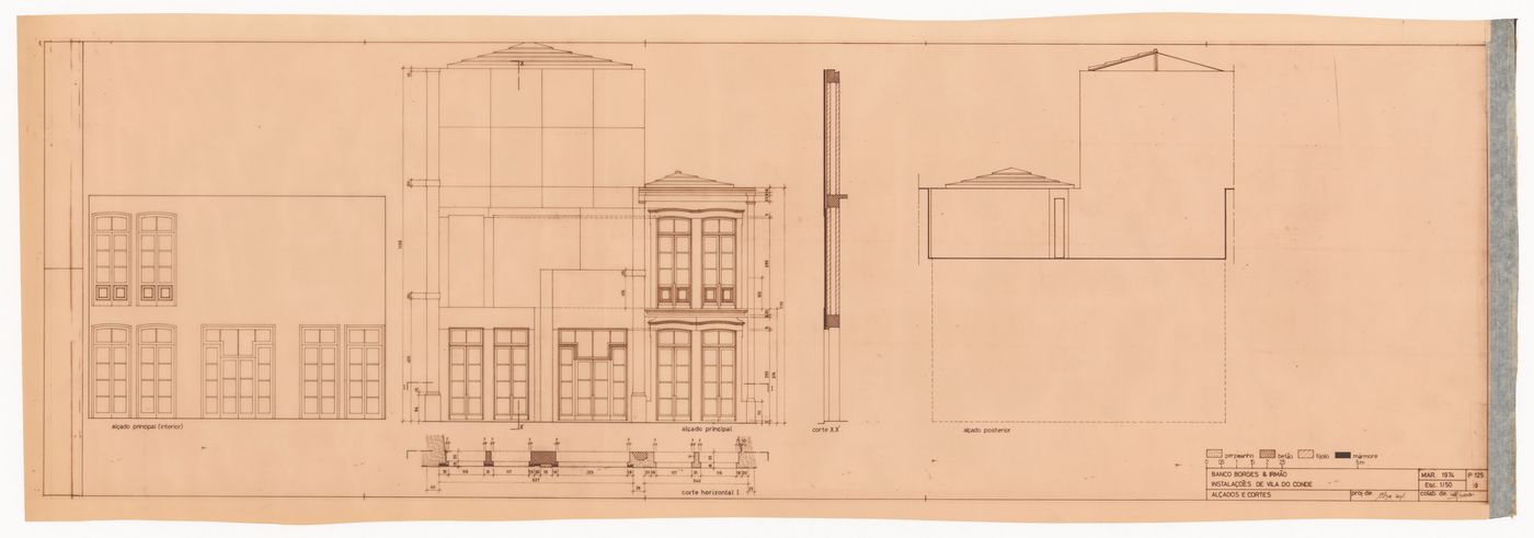 Elevations and sections for Borges & Irmão bank, Vila do Conde