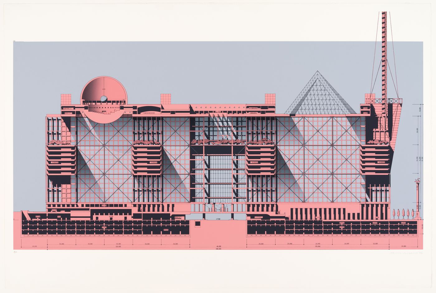 Longitudinal section of main building for the Tokyo City Hall competition entry