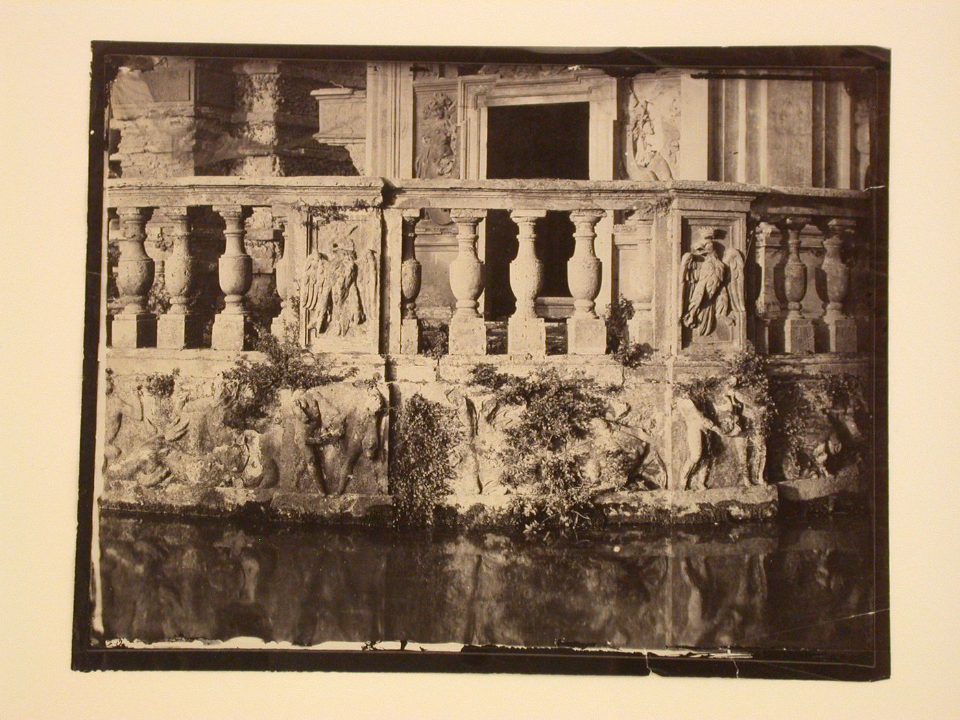 Architectural study, covered balustrade with pool below, Italy