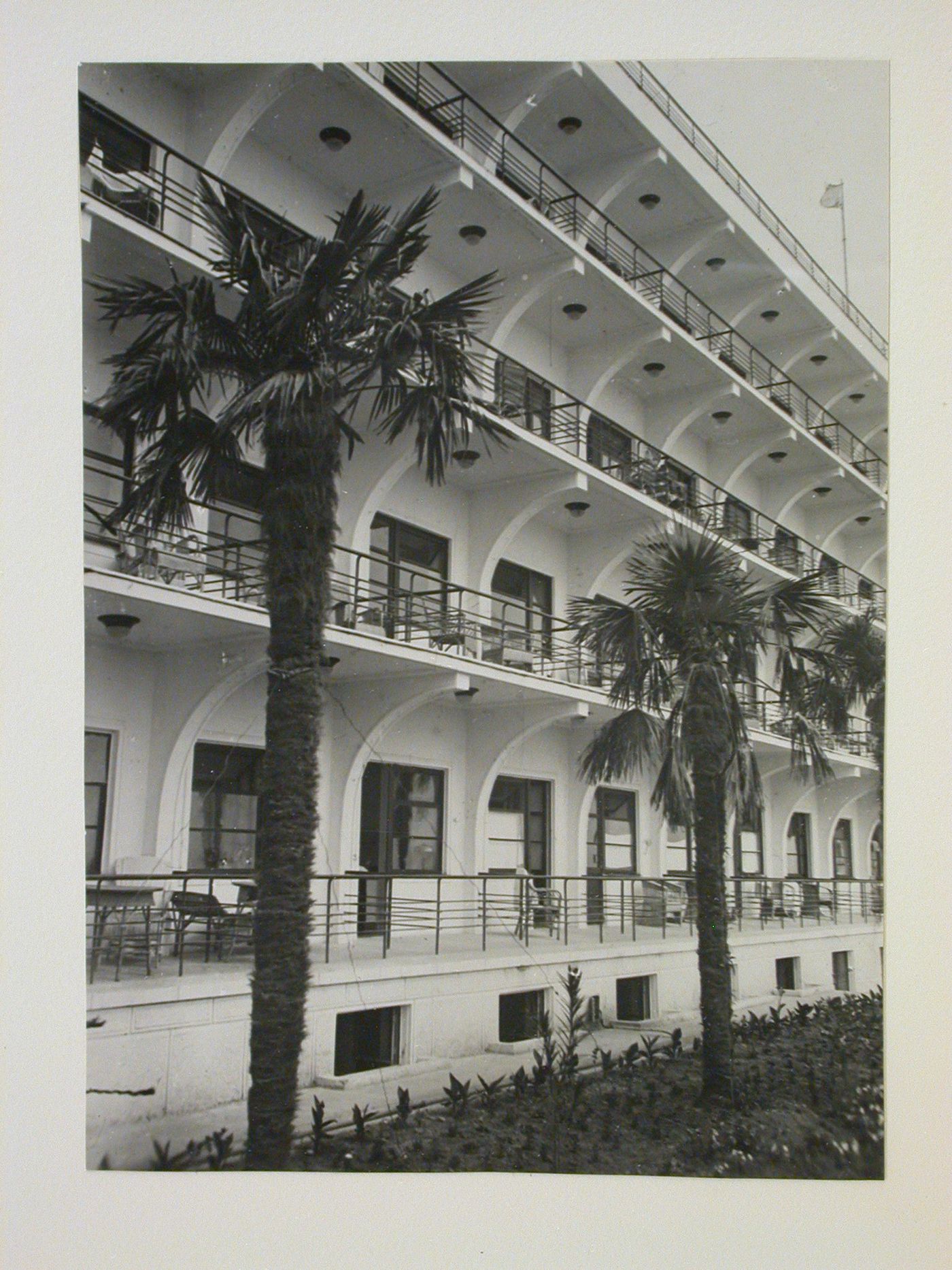 Exterior view of New Riviera Sanatorium for employees of the People's Commissariat of Military Affairs, Sochi, Soviet Union (now in Russia)