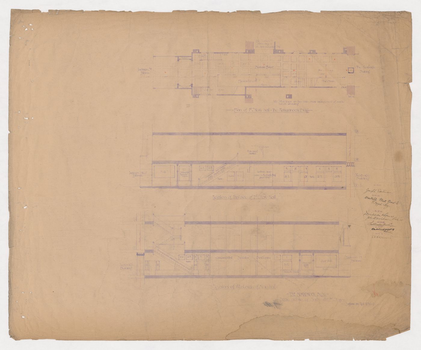 Monadnock Building, Chicago: Section and plan, including ceiling tile pattern, for the main and first floor entrance lobbies