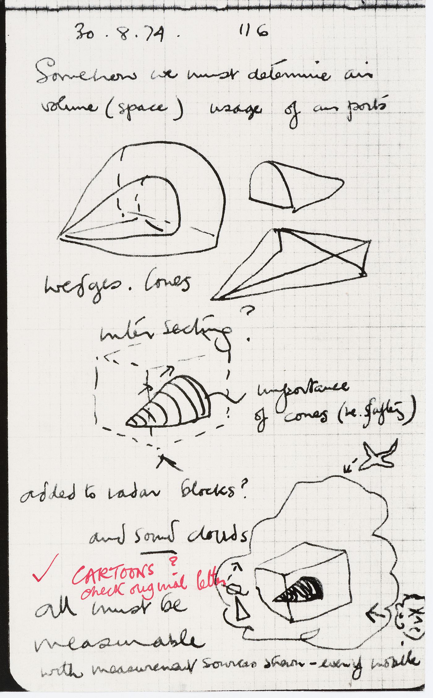 Sketches and notes for  Air Portable and Ardyne Point projects, with crossed out notes on a housing project