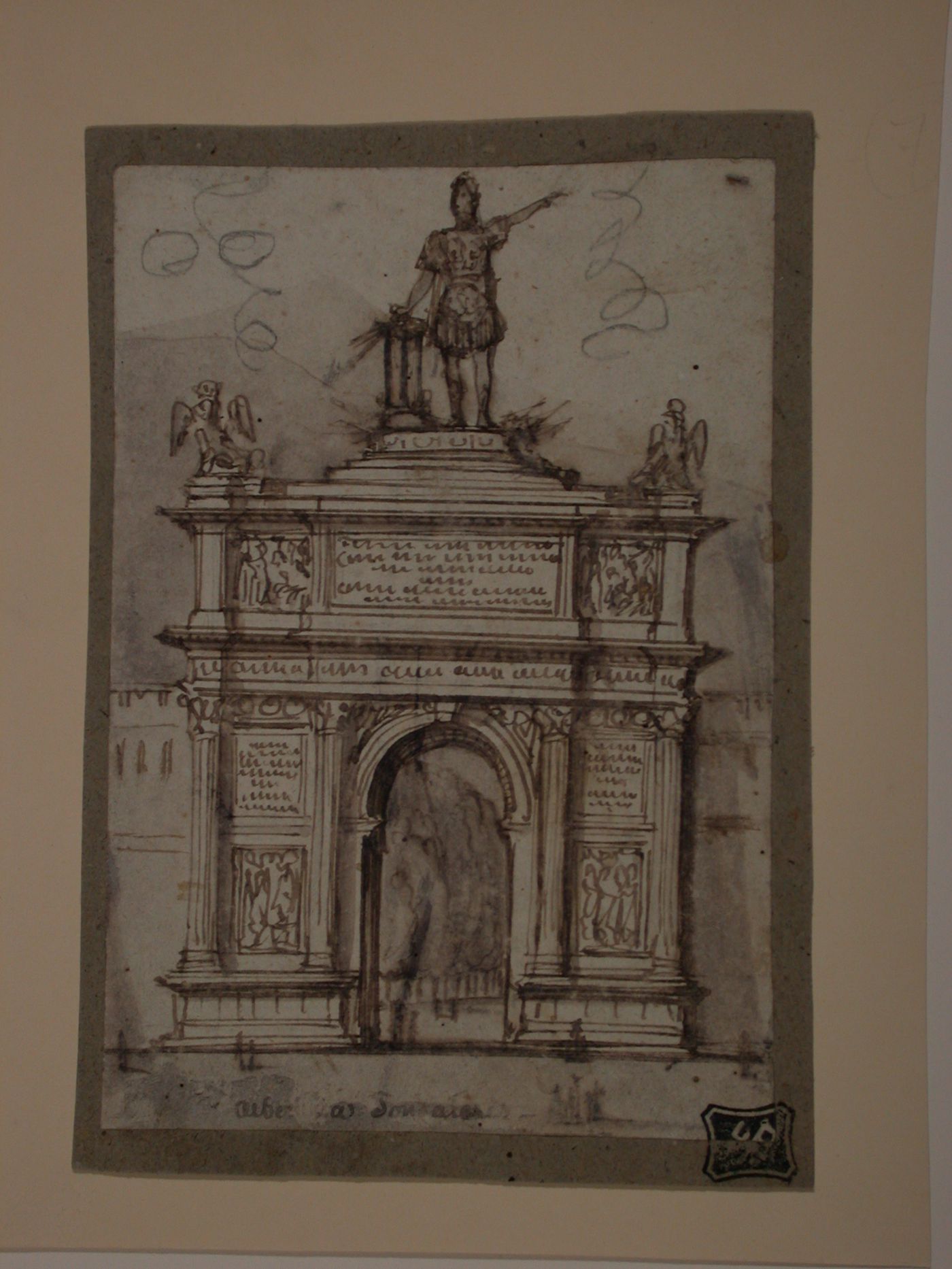 Visionary design for a triumphal arch surmounted by a statue of a man in antique armour flanked by eagles
